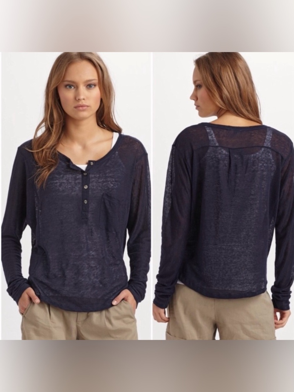 Vince Navy Henley Long Sleeve Henley Sheer Tee Shirt Sweater